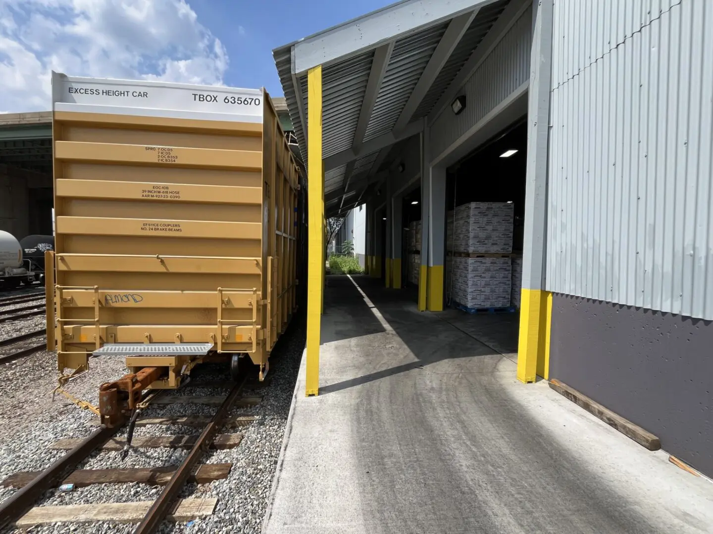 Freight train car next to industrial warehouse.